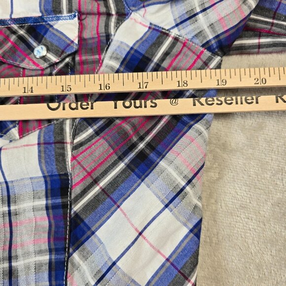 Adiktd Western Top Womens Medium Pink Blue Plaid Embellished Rhinestone Yoke - Picture 9 of 16